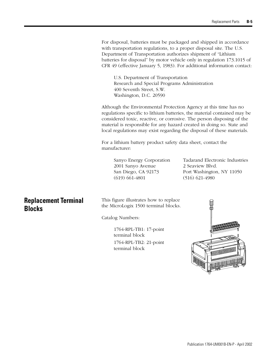 Replacement terminal blocks | Rockwell Automation 1764-xxxx MICROLOGIX 1500 PROGRAMMABLE CONTROLLERS User Manual | Page 123 / 174