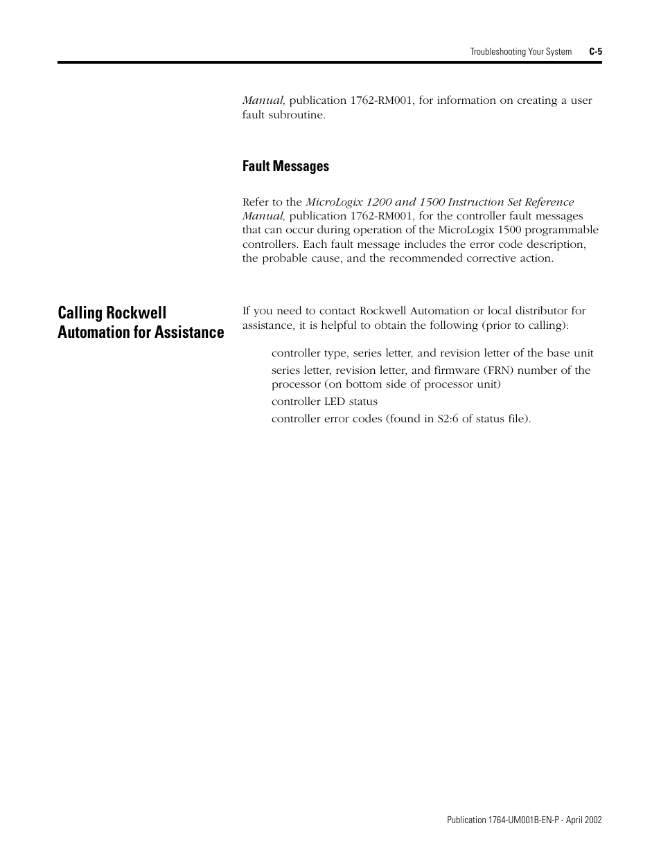 Calling rockwell automation for assistance, Fault messages | Rockwell Automation 1764-xxxx MICROLOGIX 1500 PROGRAMMABLE CONTROLLERS User Manual | Page 129 / 174