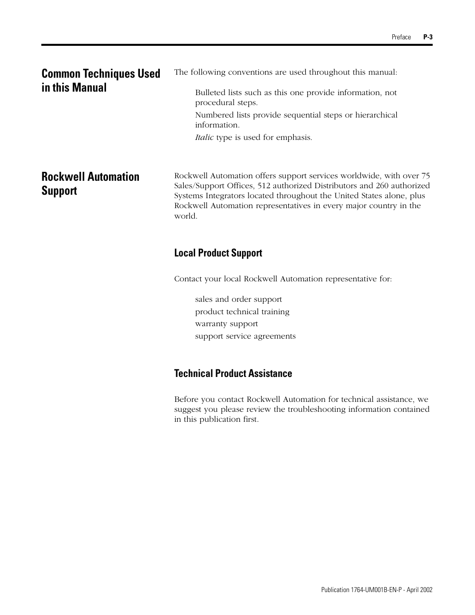Common techniques used in this manual, Rockwell automation support | Rockwell Automation 1764-xxxx MICROLOGIX 1500 PROGRAMMABLE CONTROLLERS User Manual | Page 13 / 174