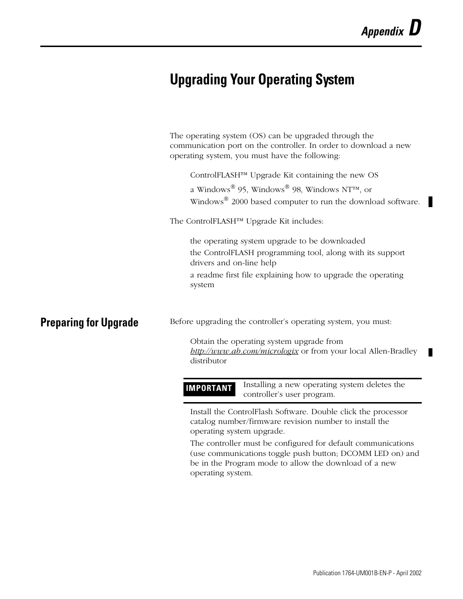D - upgrading your operating system, Preparing for upgrade, Appendix d | Upgrading your operating system, Appendix | Rockwell Automation 1764-xxxx MICROLOGIX 1500 PROGRAMMABLE CONTROLLERS User Manual | Page 131 / 174