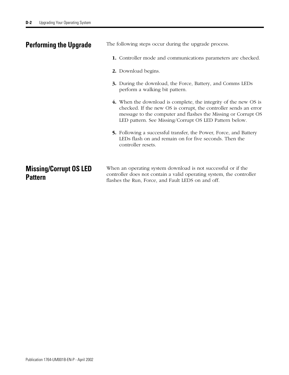 Performing the upgrade, Missing/corrupt os led pattern | Rockwell Automation 1764-xxxx MICROLOGIX 1500 PROGRAMMABLE CONTROLLERS User Manual | Page 132 / 174