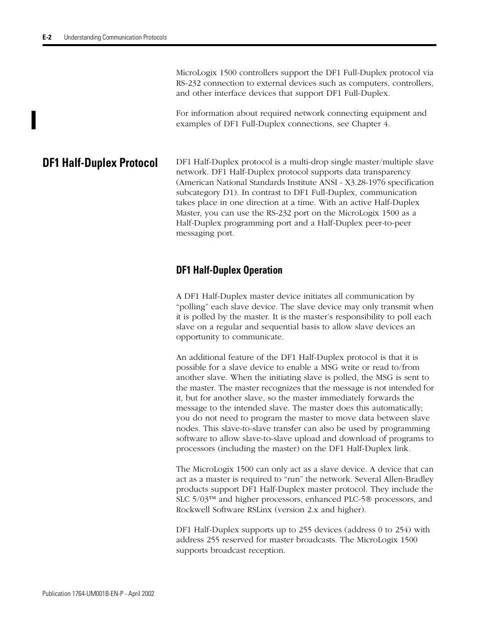 Df1 half-duplex protocol, Df1 half-duplex operation | Rockwell Automation 1764-xxxx MICROLOGIX 1500 PROGRAMMABLE CONTROLLERS User Manual | Page 134 / 174