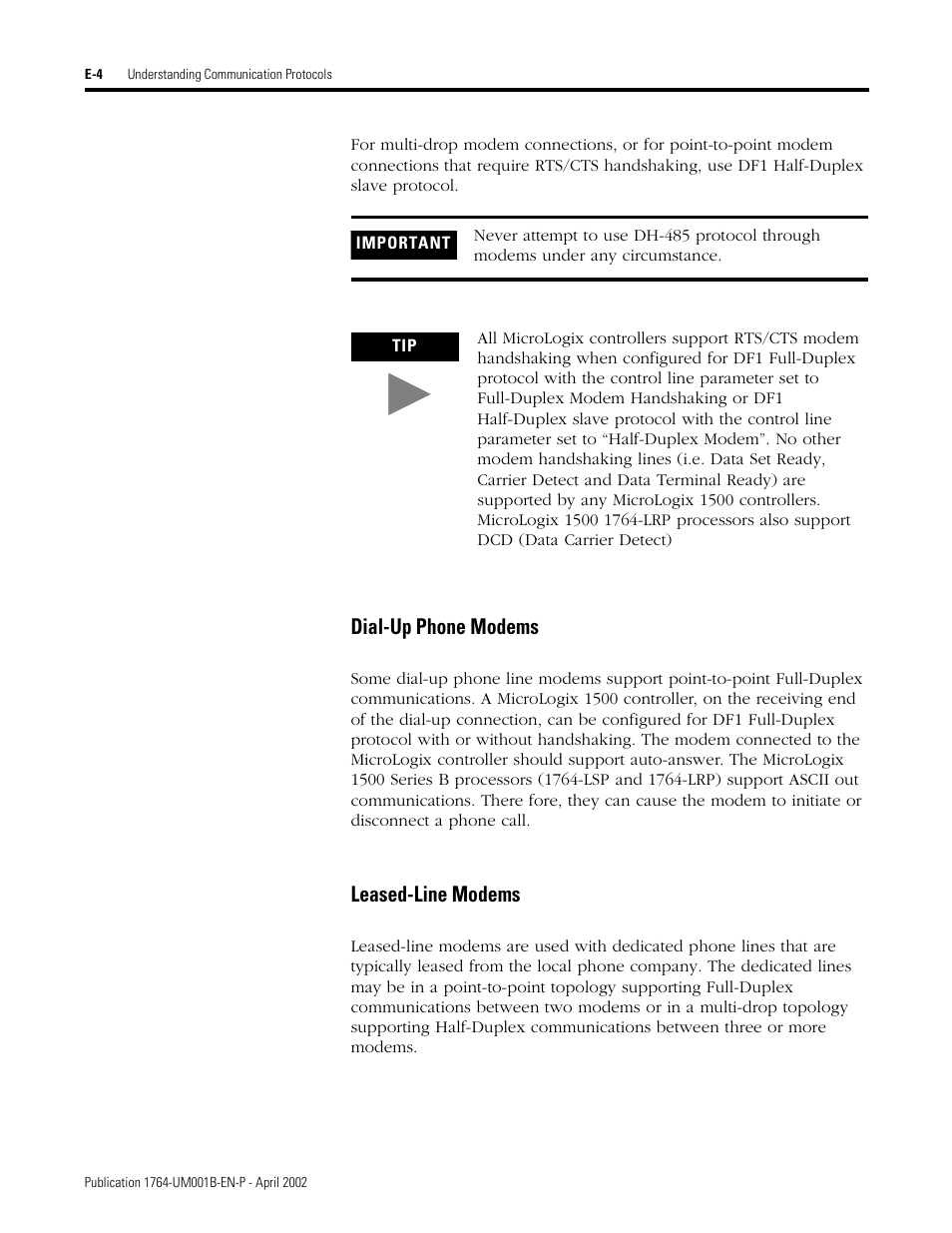 Dial-up phone modems, Leased-line modems | Rockwell Automation 1764-xxxx MICROLOGIX 1500 PROGRAMMABLE CONTROLLERS User Manual | Page 136 / 174