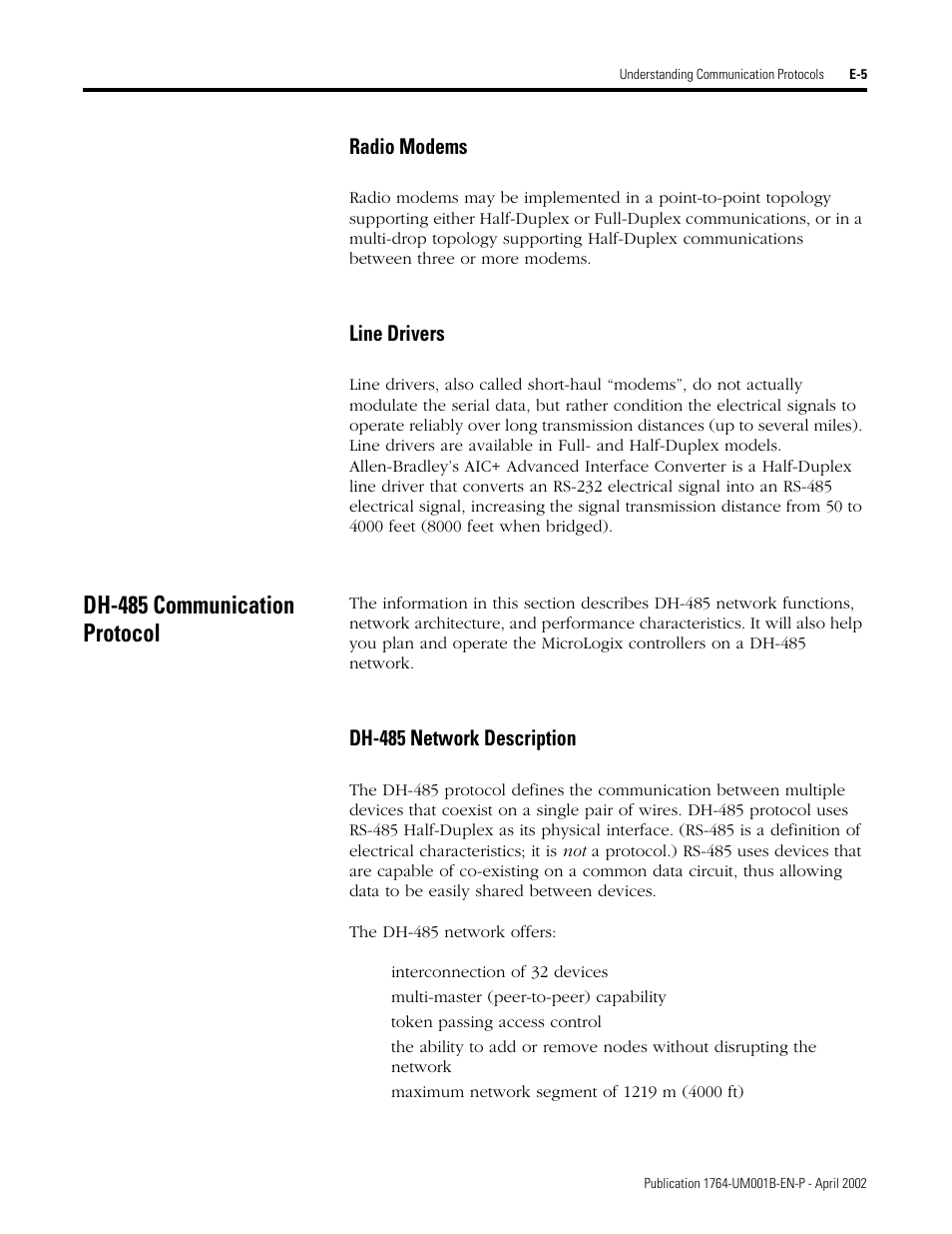 Dh-485 communication protocol | Rockwell Automation 1764-xxxx MICROLOGIX 1500 PROGRAMMABLE CONTROLLERS User Manual | Page 137 / 174