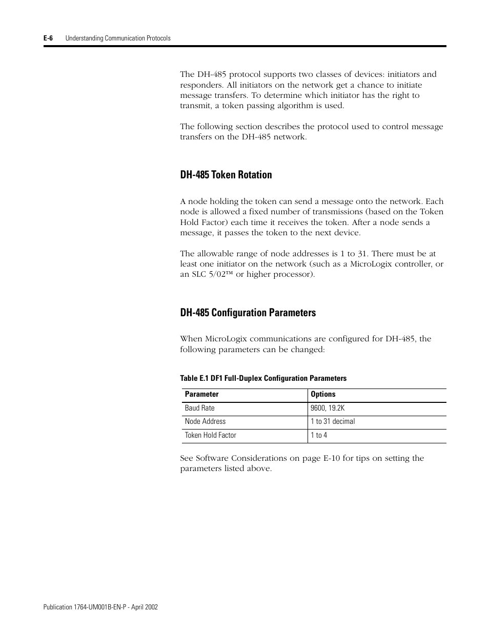 Dh-485 token rotation, Dh-485 configuration parameters | Rockwell Automation 1764-xxxx MICROLOGIX 1500 PROGRAMMABLE CONTROLLERS User Manual | Page 138 / 174