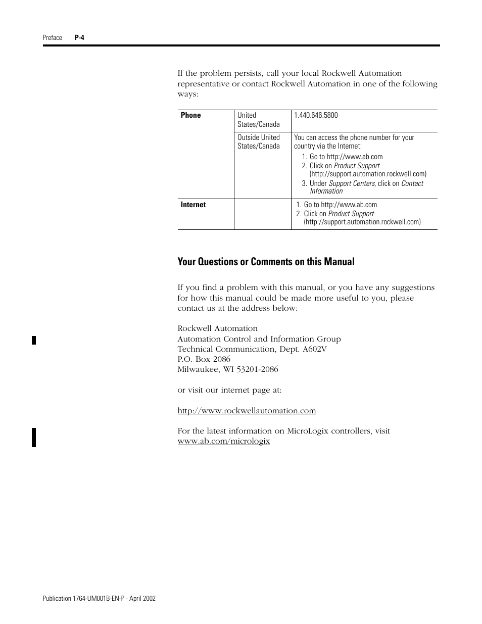 Your questions or comments on this manual | Rockwell Automation 1764-xxxx MICROLOGIX 1500 PROGRAMMABLE CONTROLLERS User Manual | Page 14 / 174