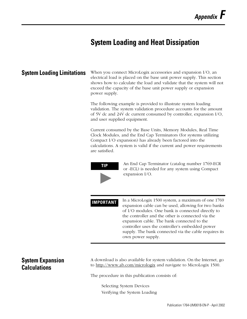 F - system loading and heat dissipation, System loading limitations, System expansion calculations | Appendix f, System loading and heat dissipation, Appendix | Rockwell Automation 1764-xxxx MICROLOGIX 1500 PROGRAMMABLE CONTROLLERS User Manual | Page 147 / 174