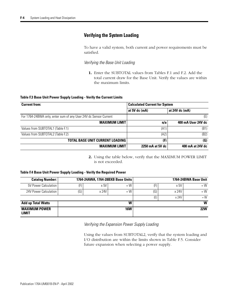 Verifying the system loading, Verifying the base unit loading, Verifying the expansion power supply loading | Rockwell Automation 1764-xxxx MICROLOGIX 1500 PROGRAMMABLE CONTROLLERS User Manual | Page 150 / 174