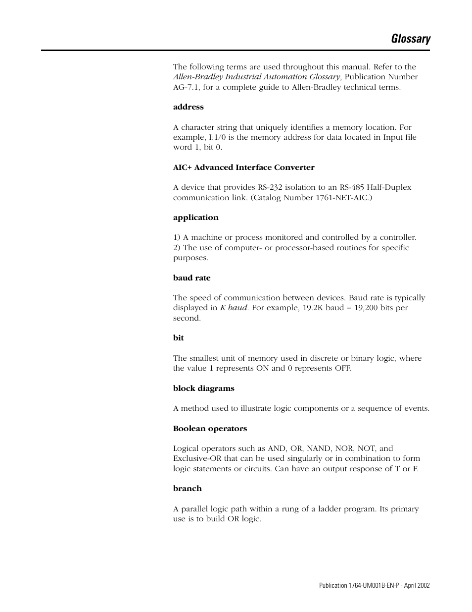 Glossary | Rockwell Automation 1764-xxxx MICROLOGIX 1500 PROGRAMMABLE CONTROLLERS User Manual | Page 157 / 174