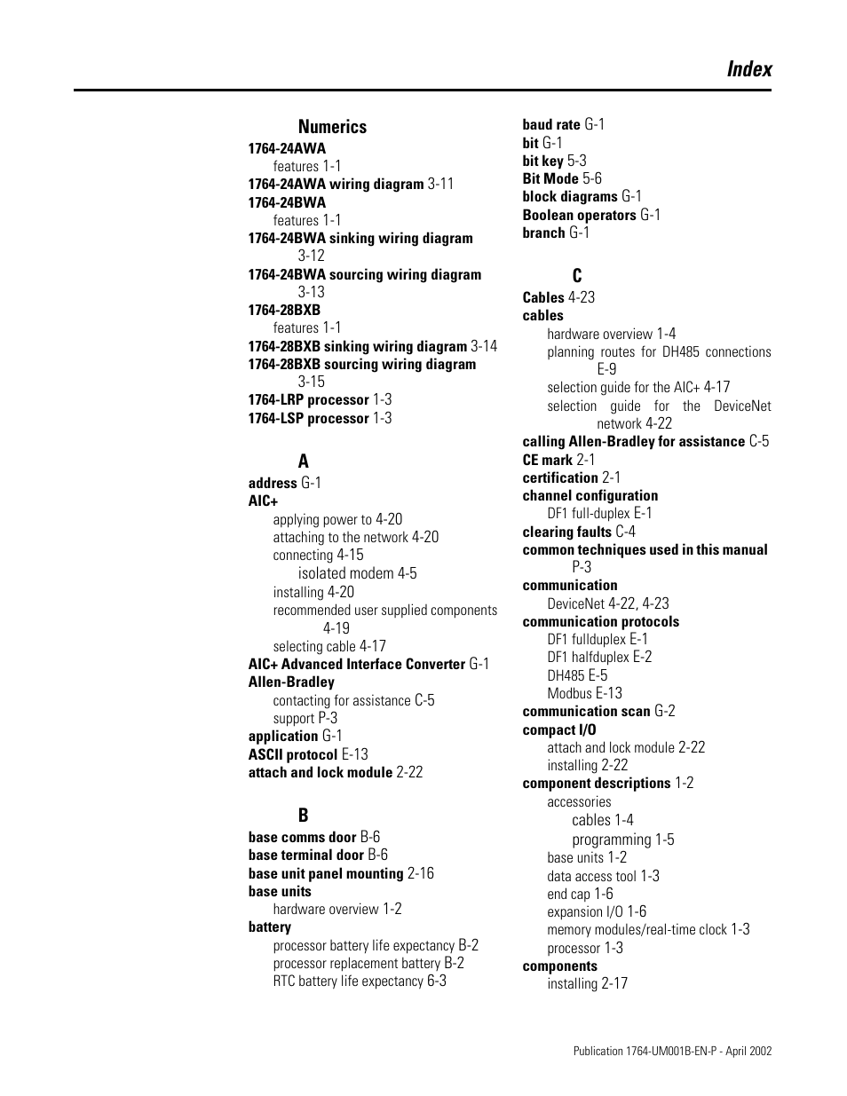 Index, Numerics | Rockwell Automation 1764-xxxx MICROLOGIX 1500 PROGRAMMABLE CONTROLLERS User Manual | Page 167 / 174