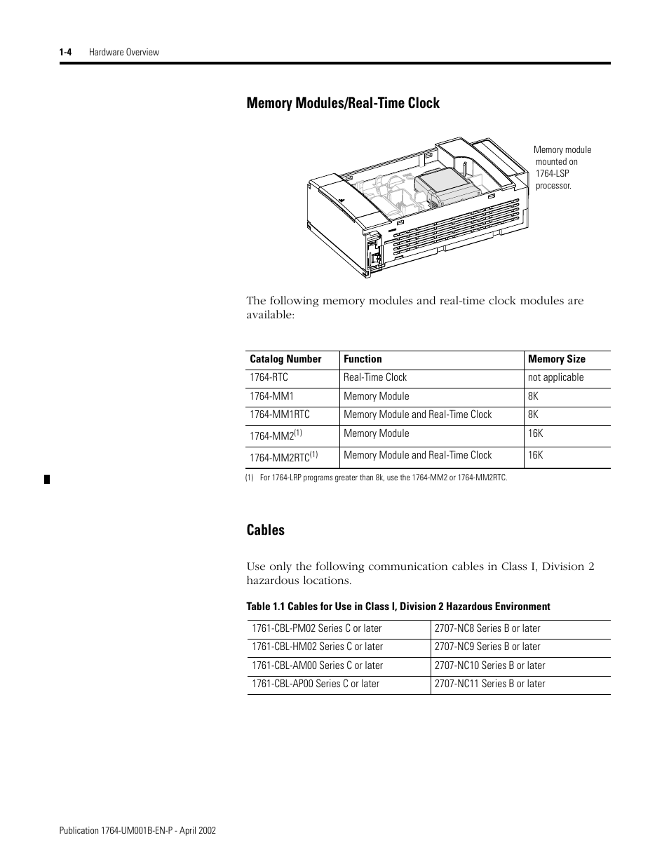 Memory modules/real-time clock -4 cables -4, Cables | Rockwell Automation 1764-xxxx MICROLOGIX 1500 PROGRAMMABLE CONTROLLERS User Manual | Page 18 / 174