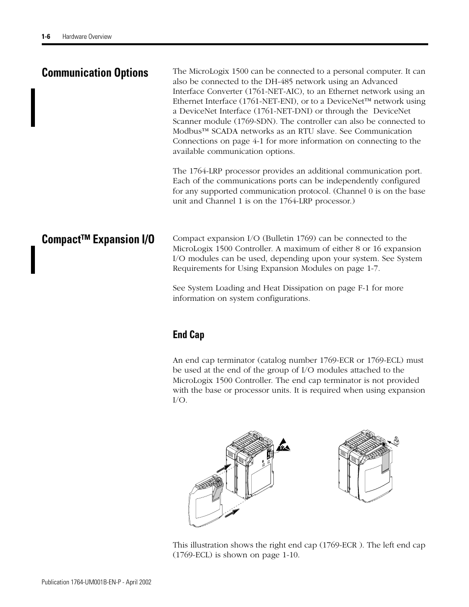 Communication options, Compact™ expansion i/o, Communication options -6 compact™ expansion i/o -6 | End cap -6 | Rockwell Automation 1764-xxxx MICROLOGIX 1500 PROGRAMMABLE CONTROLLERS User Manual | Page 20 / 174