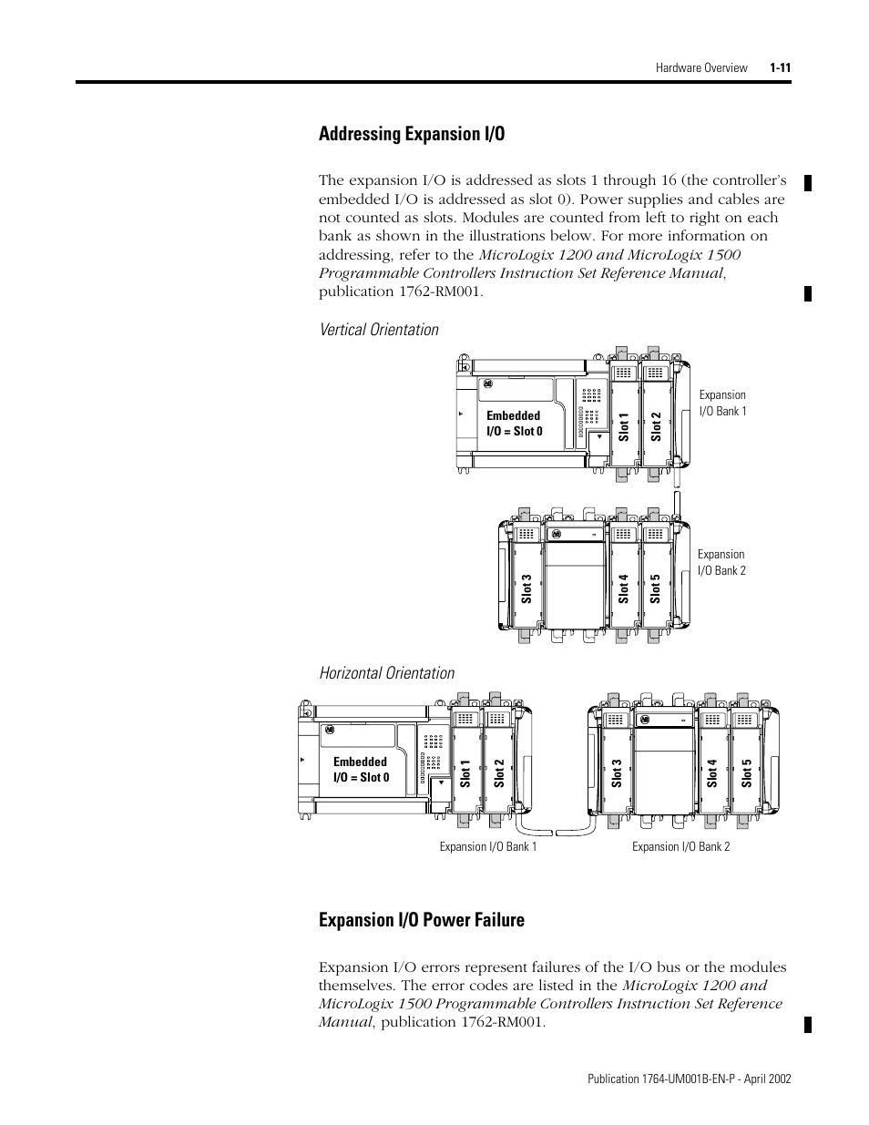 Addressing expansion i/o, Expansion i/o power failure, Vertical orientation horizontal orientation | Rockwell Automation 1764-xxxx MICROLOGIX 1500 PROGRAMMABLE CONTROLLERS User Manual | Page 25 / 174