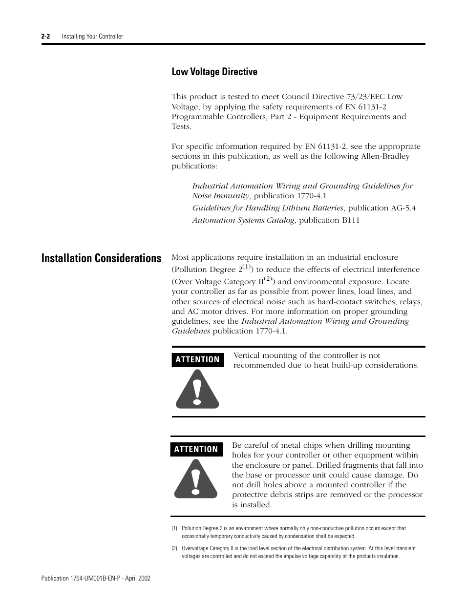 Installation considerations, Low voltage directive -2, Installation considerations -2 | Rockwell Automation 1764-xxxx MICROLOGIX 1500 PROGRAMMABLE CONTROLLERS User Manual | Page 28 / 174