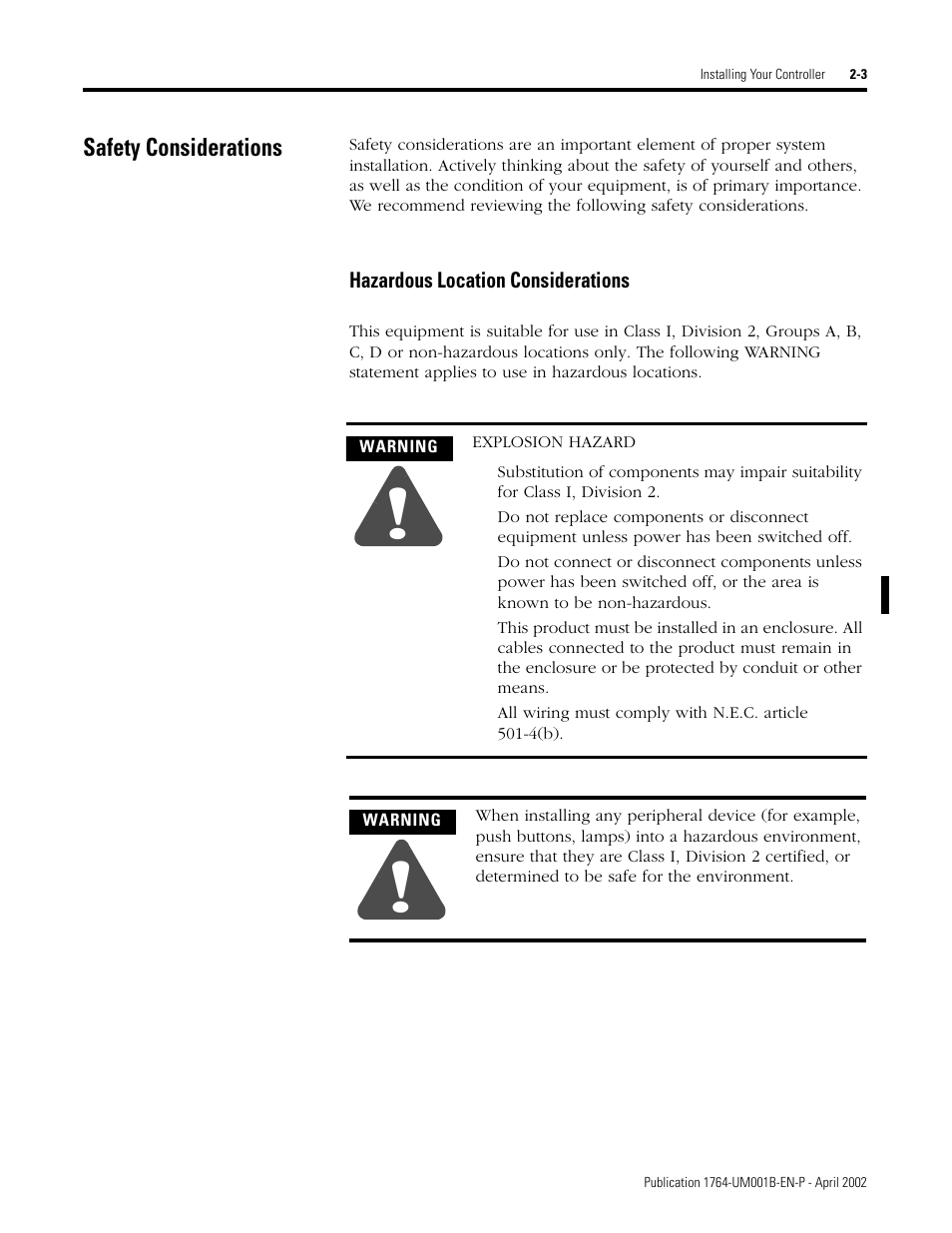 Safety considerations, Safety considerations -3, Hazardous location considerations -3 | Rockwell Automation 1764-xxxx MICROLOGIX 1500 PROGRAMMABLE CONTROLLERS User Manual | Page 29 / 174