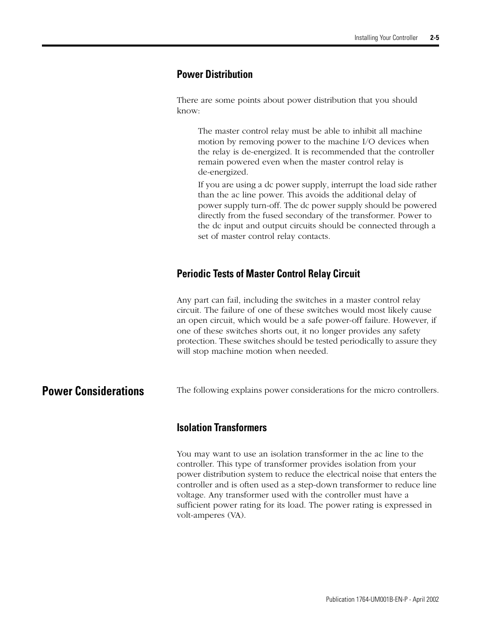 Power considerations, Power considerations -5, Isolation transformers -5 | Rockwell Automation 1764-xxxx MICROLOGIX 1500 PROGRAMMABLE CONTROLLERS User Manual | Page 31 / 174