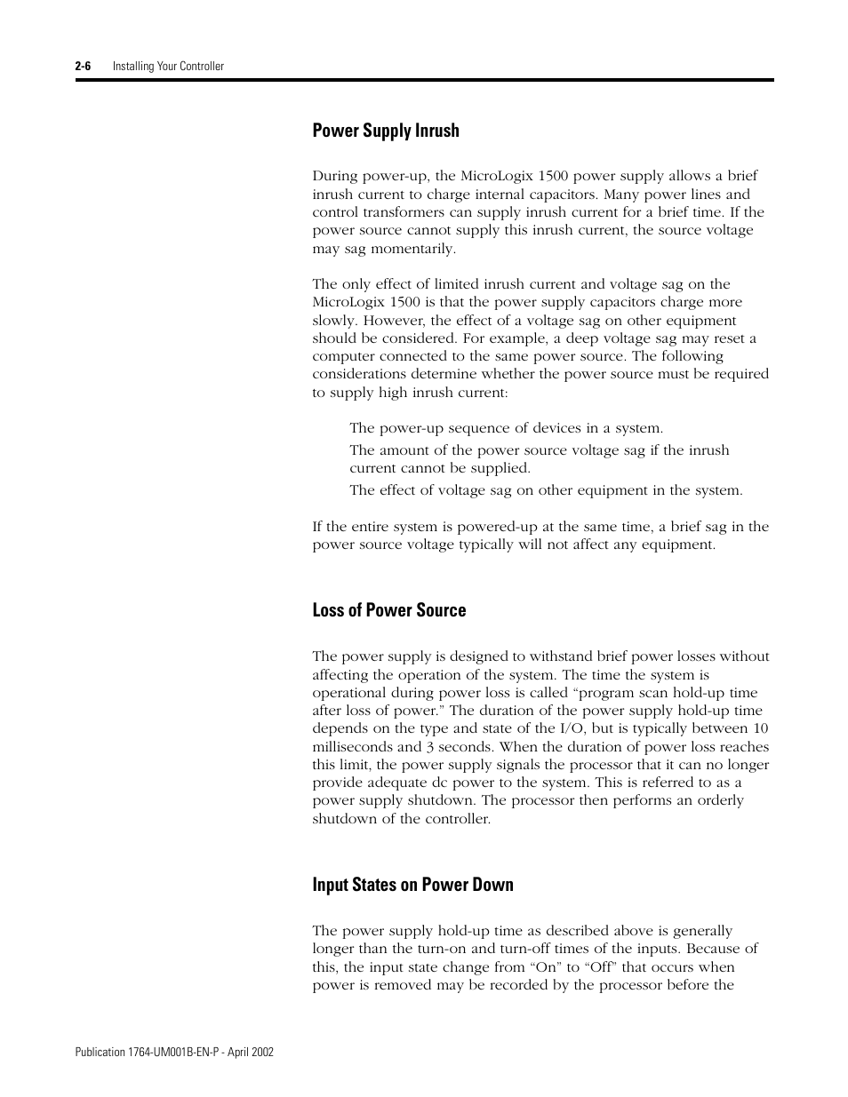 Power supply inrush -6 loss of power source -6, Input states on power down -6, Df1 full-duplex communication parameters -3 | Power supply inrush, Loss of power source, Input states on power down | Rockwell Automation 1764-xxxx MICROLOGIX 1500 PROGRAMMABLE CONTROLLERS User Manual | Page 32 / 174
