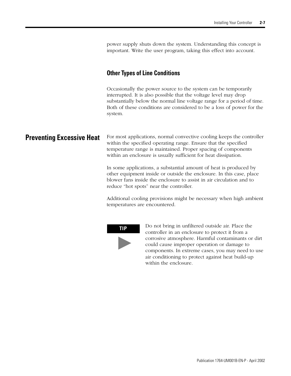 Preventing excessive heat, Other types of line conditions -7, Preventing excessive heat -7 | Other types of line conditions | Rockwell Automation 1764-xxxx MICROLOGIX 1500 PROGRAMMABLE CONTROLLERS User Manual | Page 33 / 174