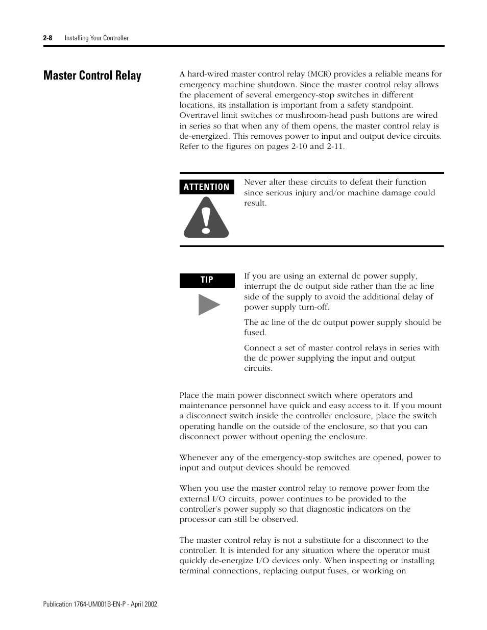 Master control relay, Master control relay -8 | Rockwell Automation 1764-xxxx MICROLOGIX 1500 PROGRAMMABLE CONTROLLERS User Manual | Page 34 / 174