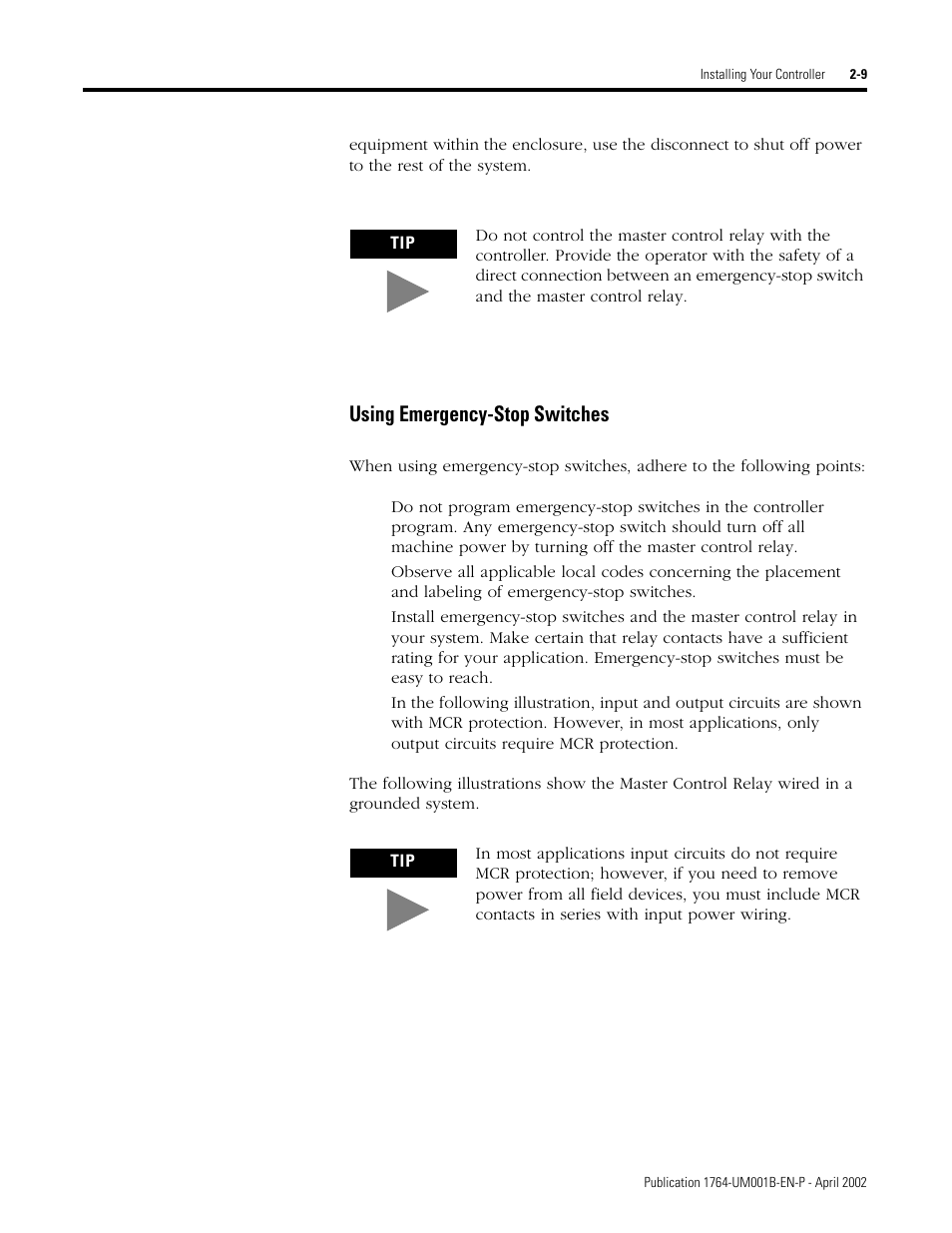 Using emergency-stop switches -9, Using emergency-stop switches | Rockwell Automation 1764-xxxx MICROLOGIX 1500 PROGRAMMABLE CONTROLLERS User Manual | Page 35 / 174