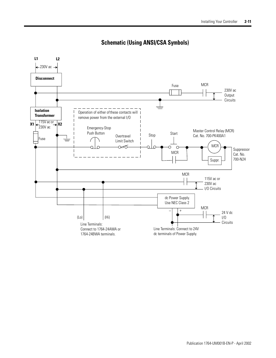 Schematic (using ansi/csa symbols) -11, Schematic (using ansi/csa symbols) | Rockwell Automation 1764-xxxx MICROLOGIX 1500 PROGRAMMABLE CONTROLLERS User Manual | Page 37 / 174