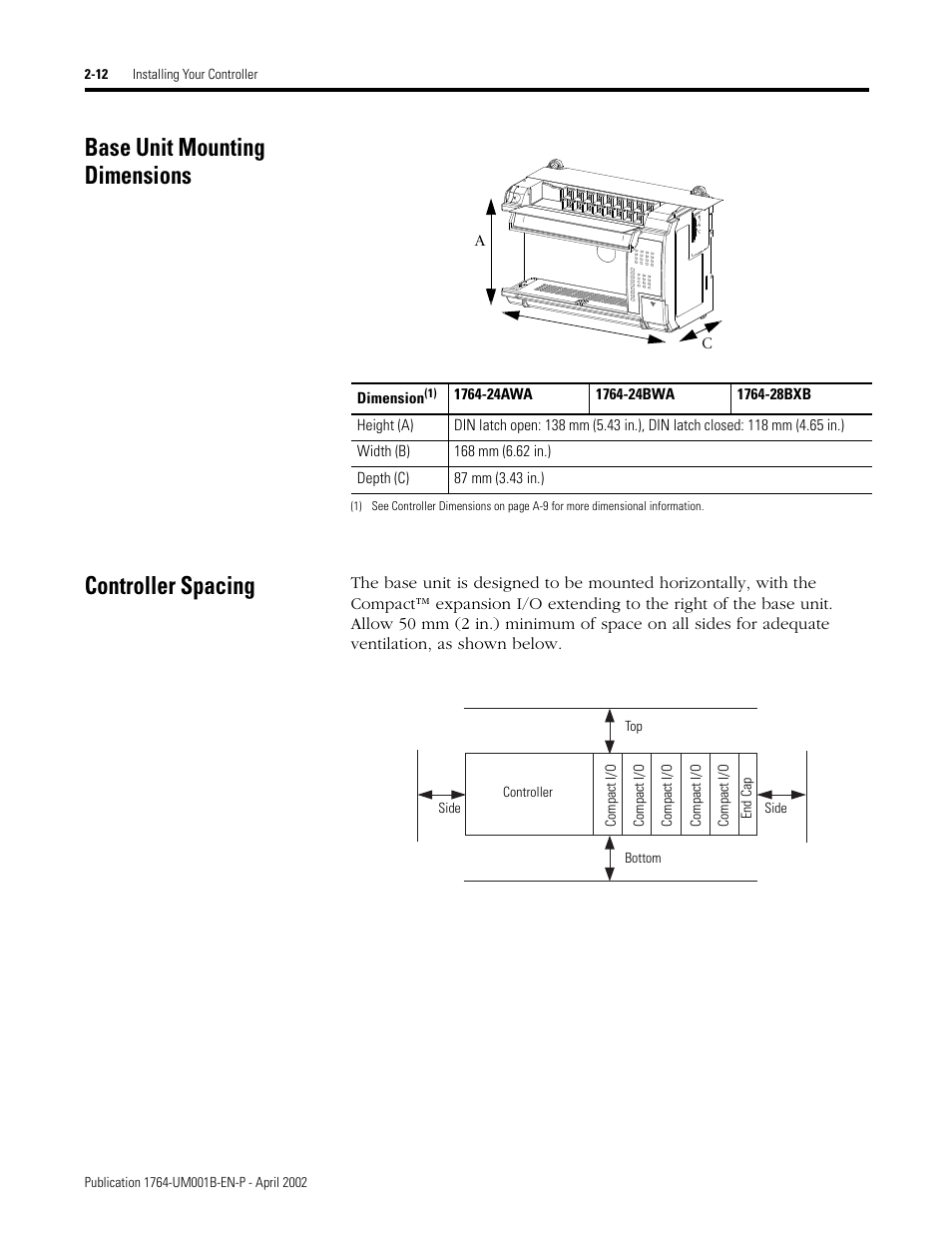 Base unit mounting dimensions, Controller spacing, Base unit mounting dimensions controller spacing | Rockwell Automation 1764-xxxx MICROLOGIX 1500 PROGRAMMABLE CONTROLLERS User Manual | Page 38 / 174