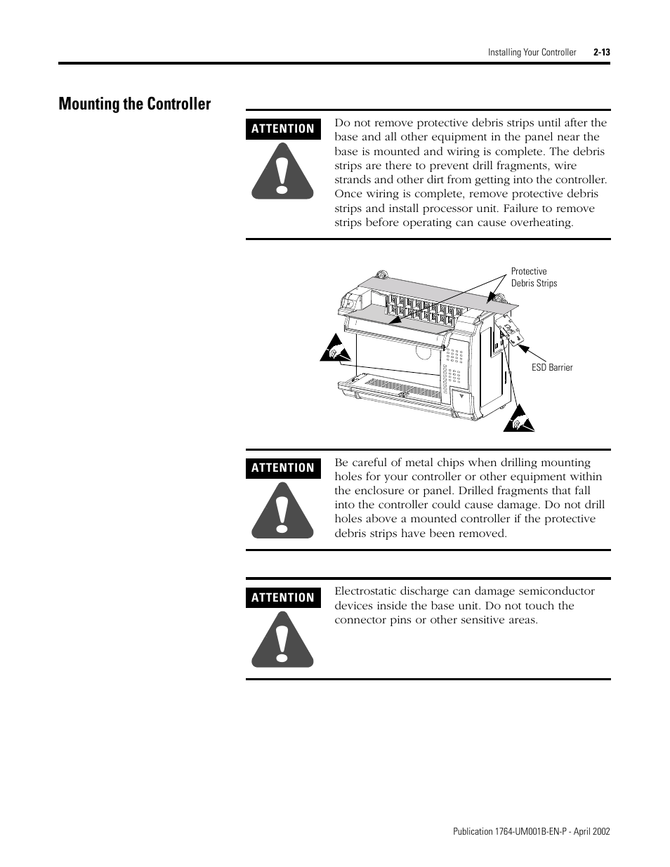 Mounting the controller, Mounting the controller -13 | Rockwell Automation 1764-xxxx MICROLOGIX 1500 PROGRAMMABLE CONTROLLERS User Manual | Page 39 / 174