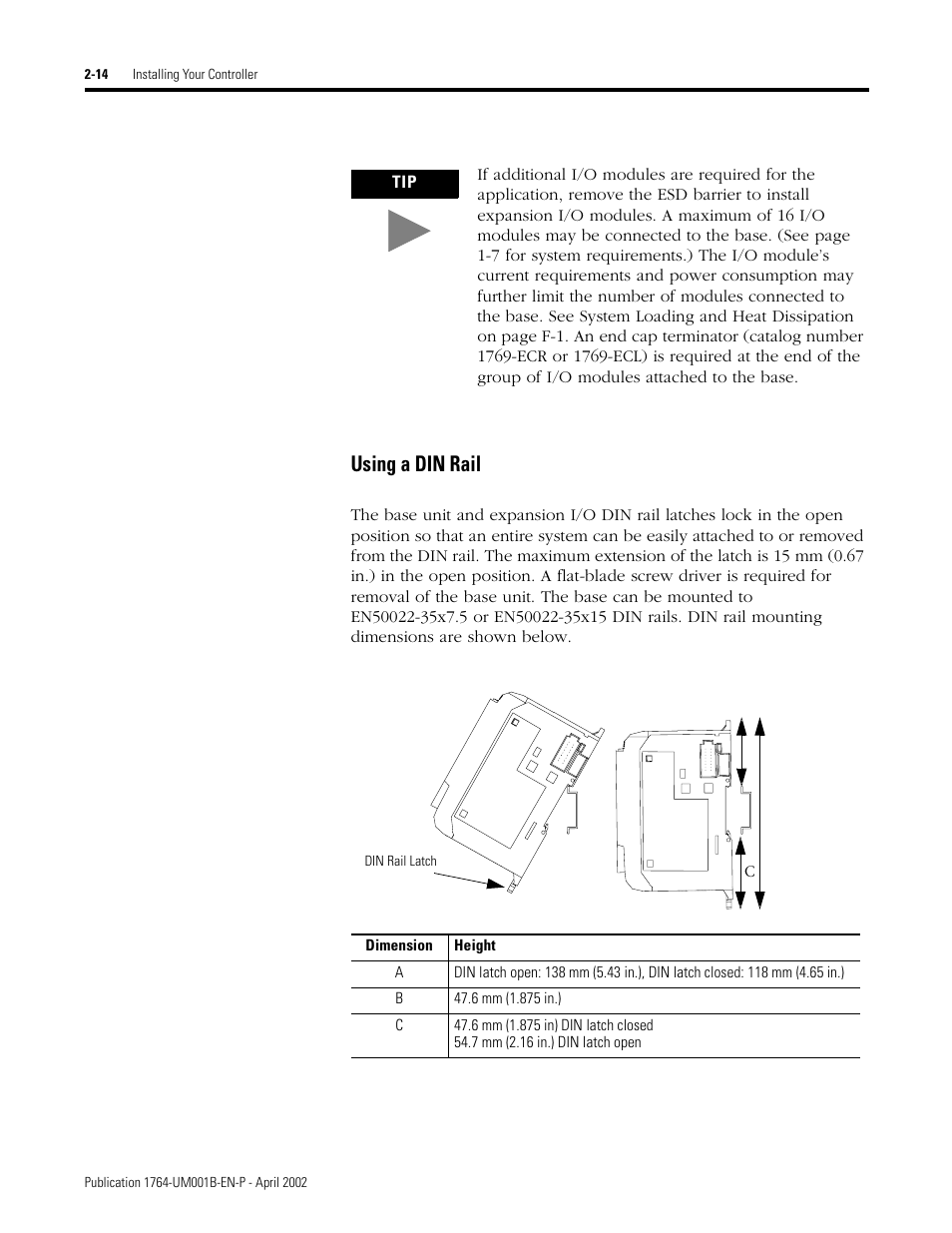 Using a din rail -14, Using a din rail | Rockwell Automation 1764-xxxx MICROLOGIX 1500 PROGRAMMABLE CONTROLLERS User Manual | Page 40 / 174
