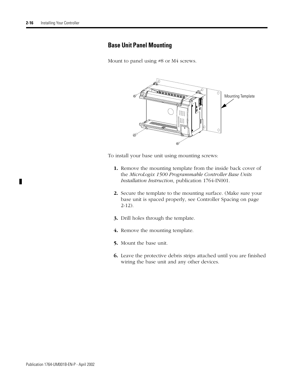 Base unit panel mounting -16, Base unit panel mounting | Rockwell Automation 1764-xxxx MICROLOGIX 1500 PROGRAMMABLE CONTROLLERS User Manual | Page 42 / 174