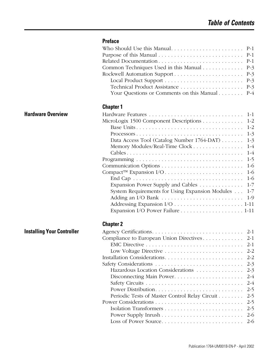 Rockwell Automation 1764-xxxx MICROLOGIX 1500 PROGRAMMABLE CONTROLLERS User Manual | Page 5 / 174