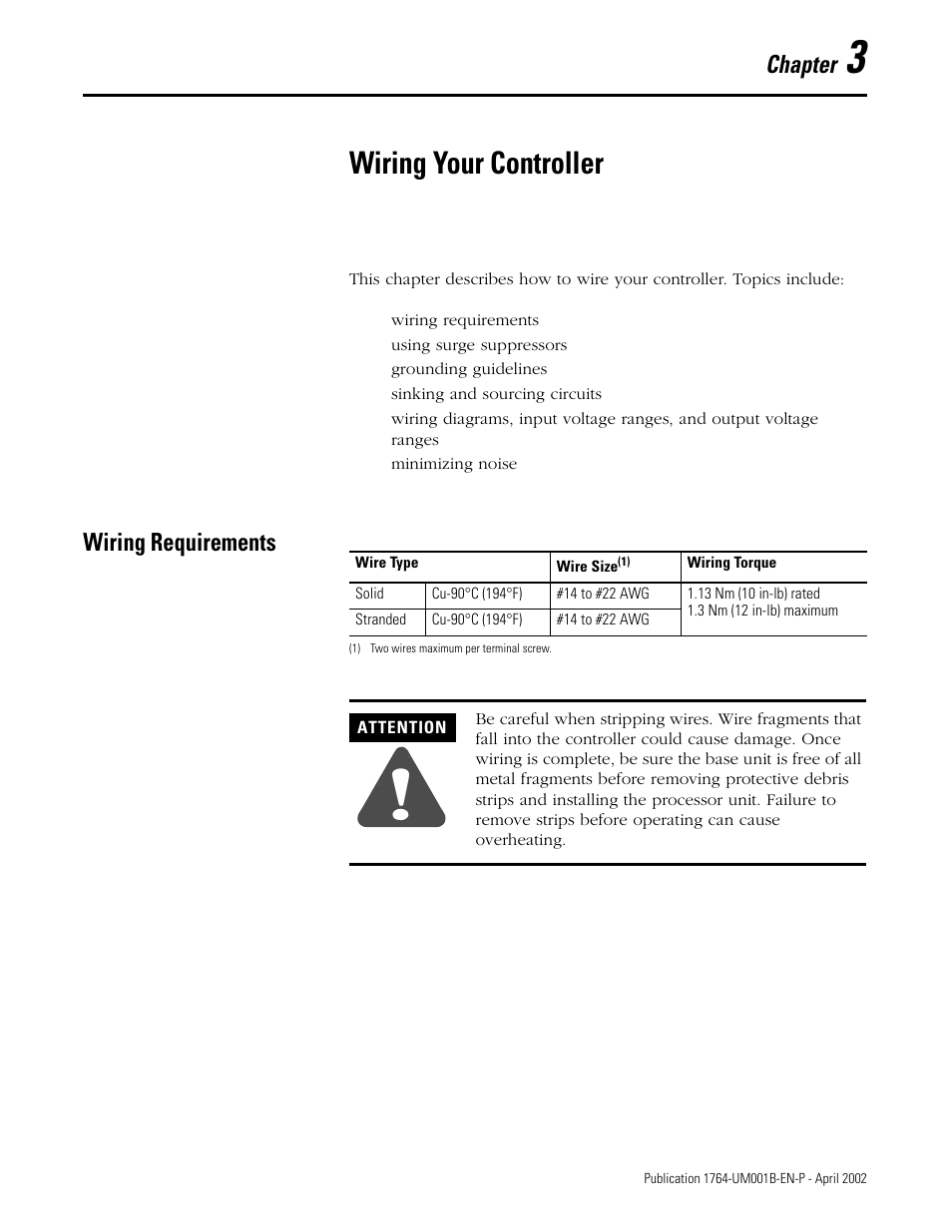 3 - wiring your controller, Wiring requirements, Chapter 3 | Wiring your controller, Wiring requirements -1, Chapter | Rockwell Automation 1764-xxxx MICROLOGIX 1500 PROGRAMMABLE CONTROLLERS User Manual | Page 51 / 174