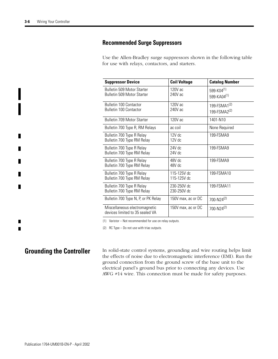 Grounding the controller, Recommended surge suppressors -6, Grounding the controller -6 | Recommended surge suppressors | Rockwell Automation 1764-xxxx MICROLOGIX 1500 PROGRAMMABLE CONTROLLERS User Manual | Page 56 / 174