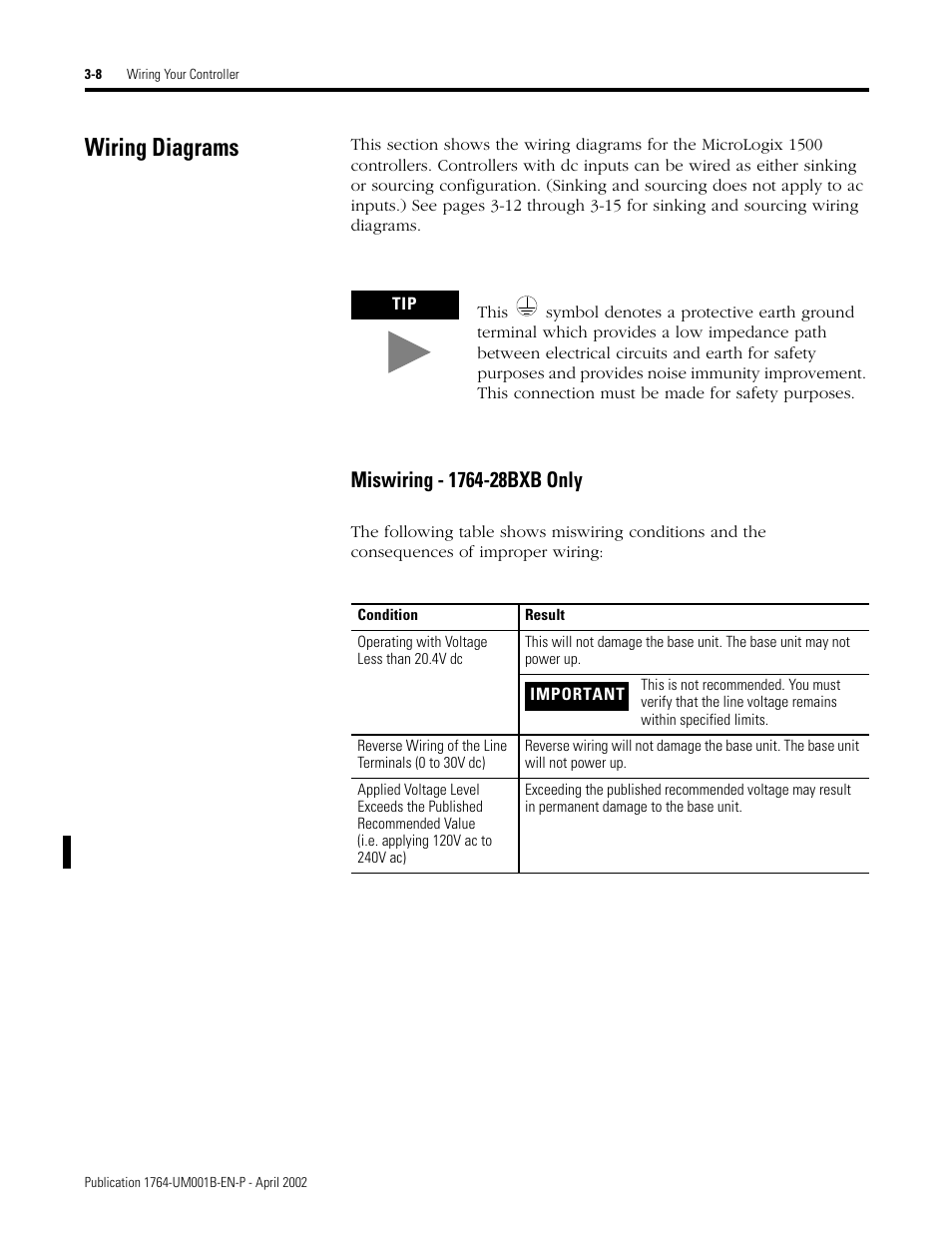 Wiring diagrams, Wiring diagrams -8, Miswiring - 1764-28bxb only -8 | Rockwell Automation 1764-xxxx MICROLOGIX 1500 PROGRAMMABLE CONTROLLERS User Manual | Page 58 / 174