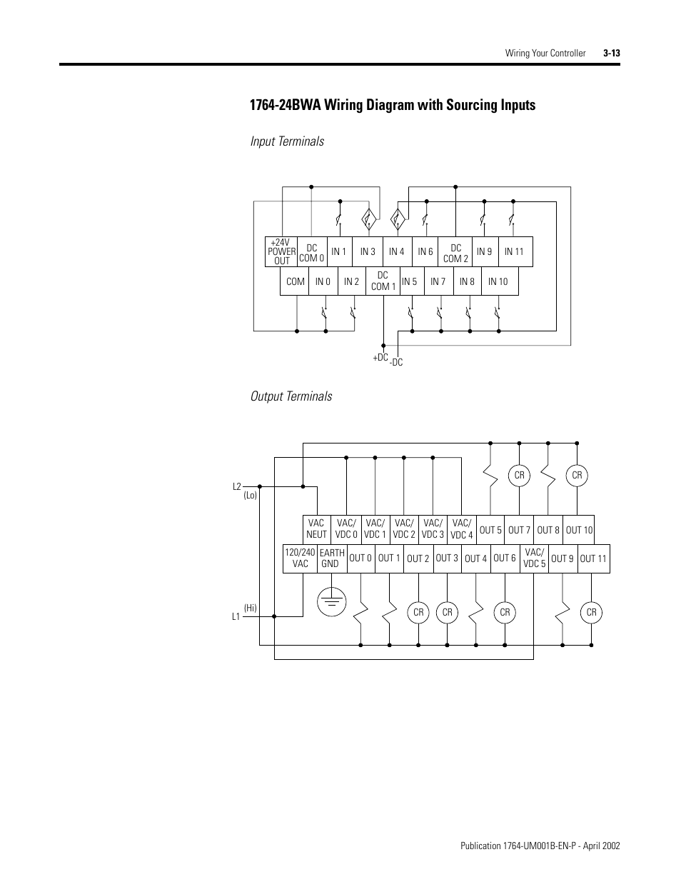1764-24bwa wiring diagram with sourcing inputs -13, Input terminals output terminals | Rockwell Automation 1764-xxxx MICROLOGIX 1500 PROGRAMMABLE CONTROLLERS User Manual | Page 63 / 174