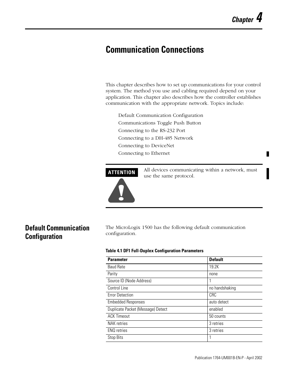 4 - communication connections, Default communication configuration, Chapter 4 | Communication connections, Default communication configuration -1, Chapter | Rockwell Automation 1764-xxxx MICROLOGIX 1500 PROGRAMMABLE CONTROLLERS User Manual | Page 69 / 174