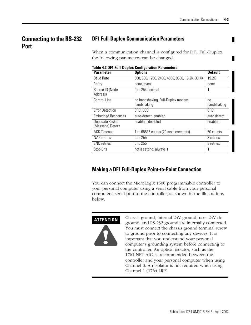 Connecting to the rs-232 port, Connecting to the rs-232 port -3, Program compare -4 | Df1 full-duplex communication parameters, Making a df1 full-duplex point-to-point connection | Rockwell Automation 1764-xxxx MICROLOGIX 1500 PROGRAMMABLE CONTROLLERS User Manual | Page 71 / 174