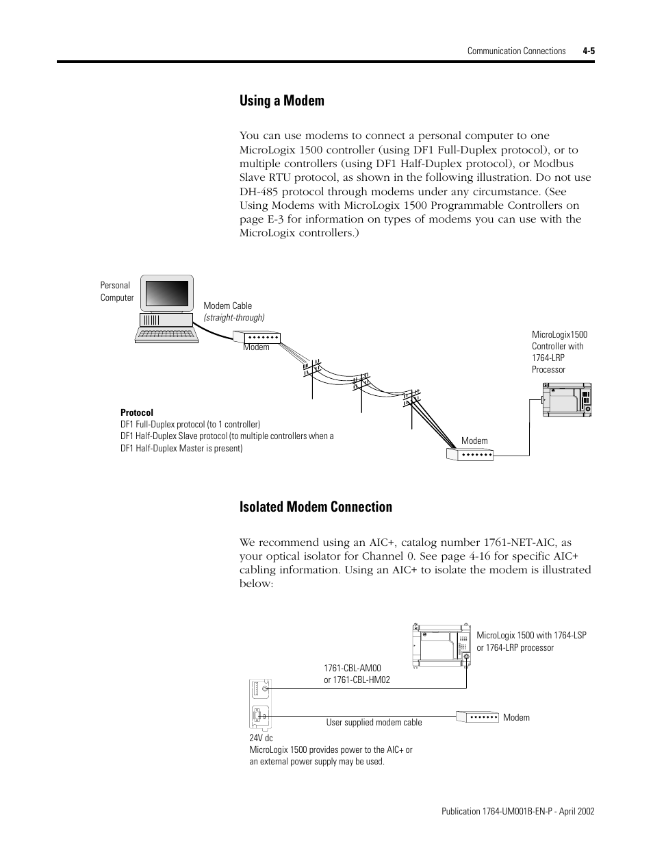 Using a modem -5 isolated modem connection -5, Using a modem, Isolated modem connection | Rockwell Automation 1764-xxxx MICROLOGIX 1500 PROGRAMMABLE CONTROLLERS User Manual | Page 73 / 174