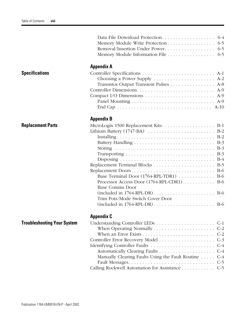 Rockwell Automation 1764-xxxx MICROLOGIX 1500 PROGRAMMABLE CONTROLLERS User Manual | Page 8 / 174