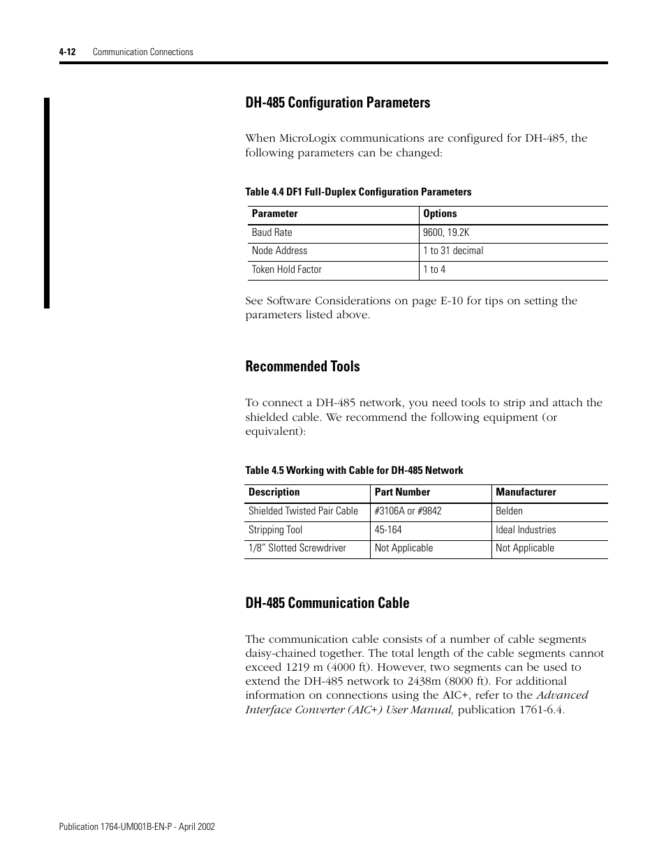 Dh-485 configuration parameters, Recommended tools, Dh-485 communication cable | Rockwell Automation 1764-xxxx MICROLOGIX 1500 PROGRAMMABLE CONTROLLERS User Manual | Page 80 / 174