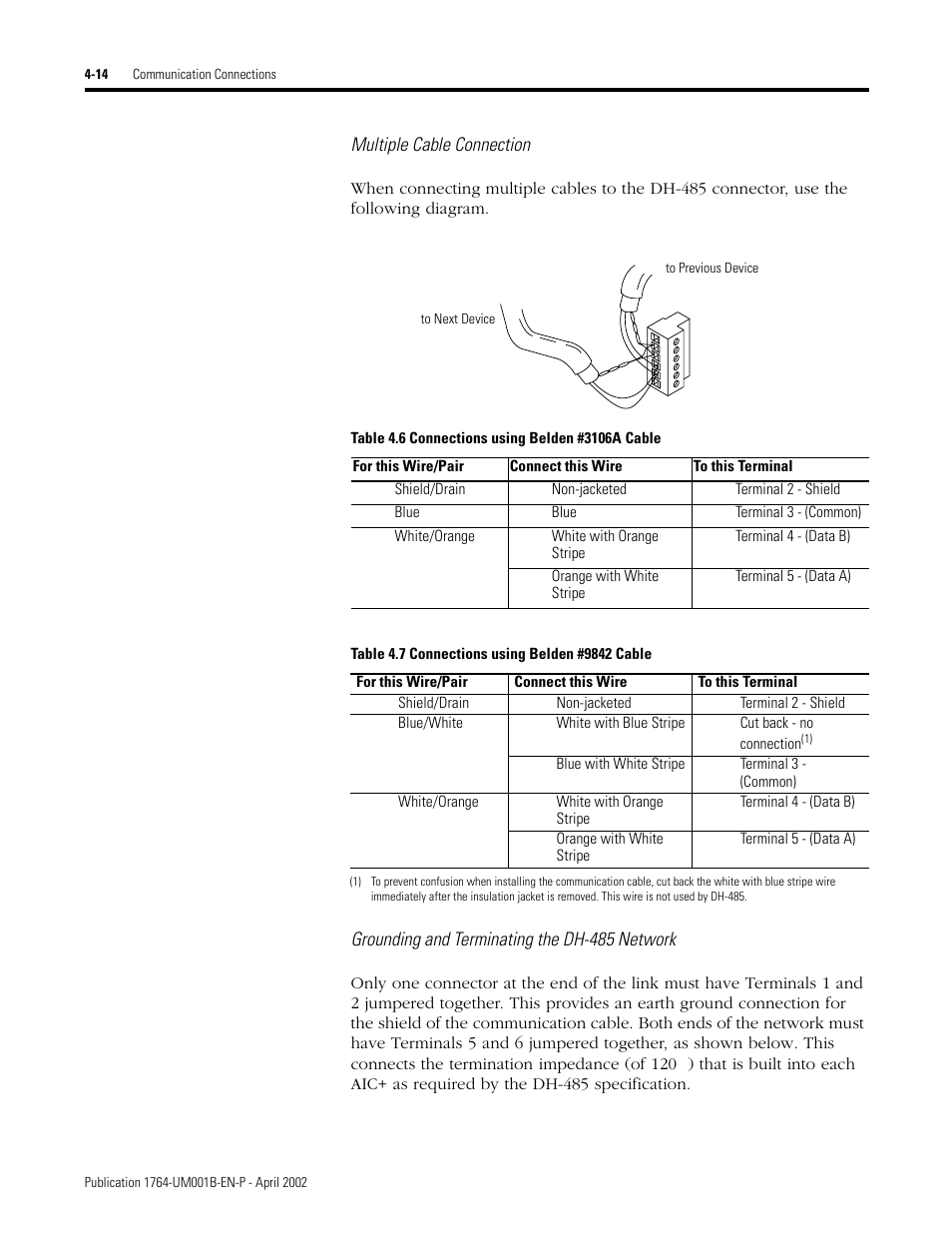 Multiple cable connection, Grounding and terminating the dh-485 network | Rockwell Automation 1764-xxxx MICROLOGIX 1500 PROGRAMMABLE CONTROLLERS User Manual | Page 82 / 174