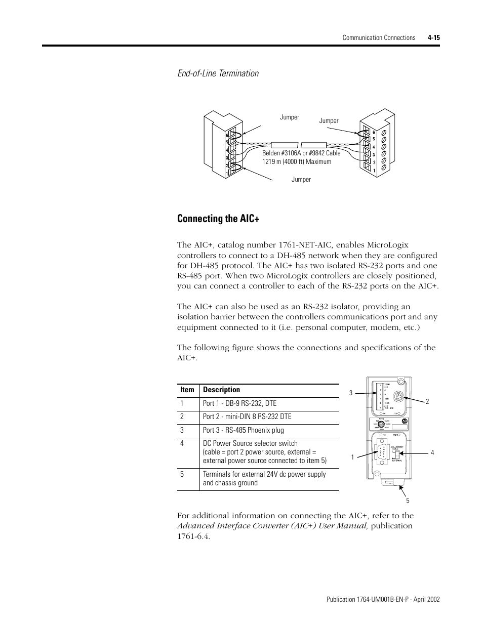 Connecting the aic+ -15, Connecting the aic, End-of-line termination | Rockwell Automation 1764-xxxx MICROLOGIX 1500 PROGRAMMABLE CONTROLLERS User Manual | Page 83 / 174