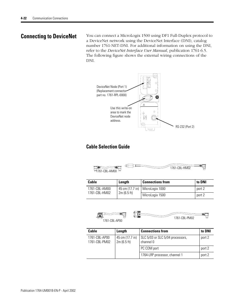 Connecting to devicenet, Connecting to devicenet -22, Cable selection guide -22 | Cable selection guide | Rockwell Automation 1764-xxxx MICROLOGIX 1500 PROGRAMMABLE CONTROLLERS User Manual | Page 90 / 174