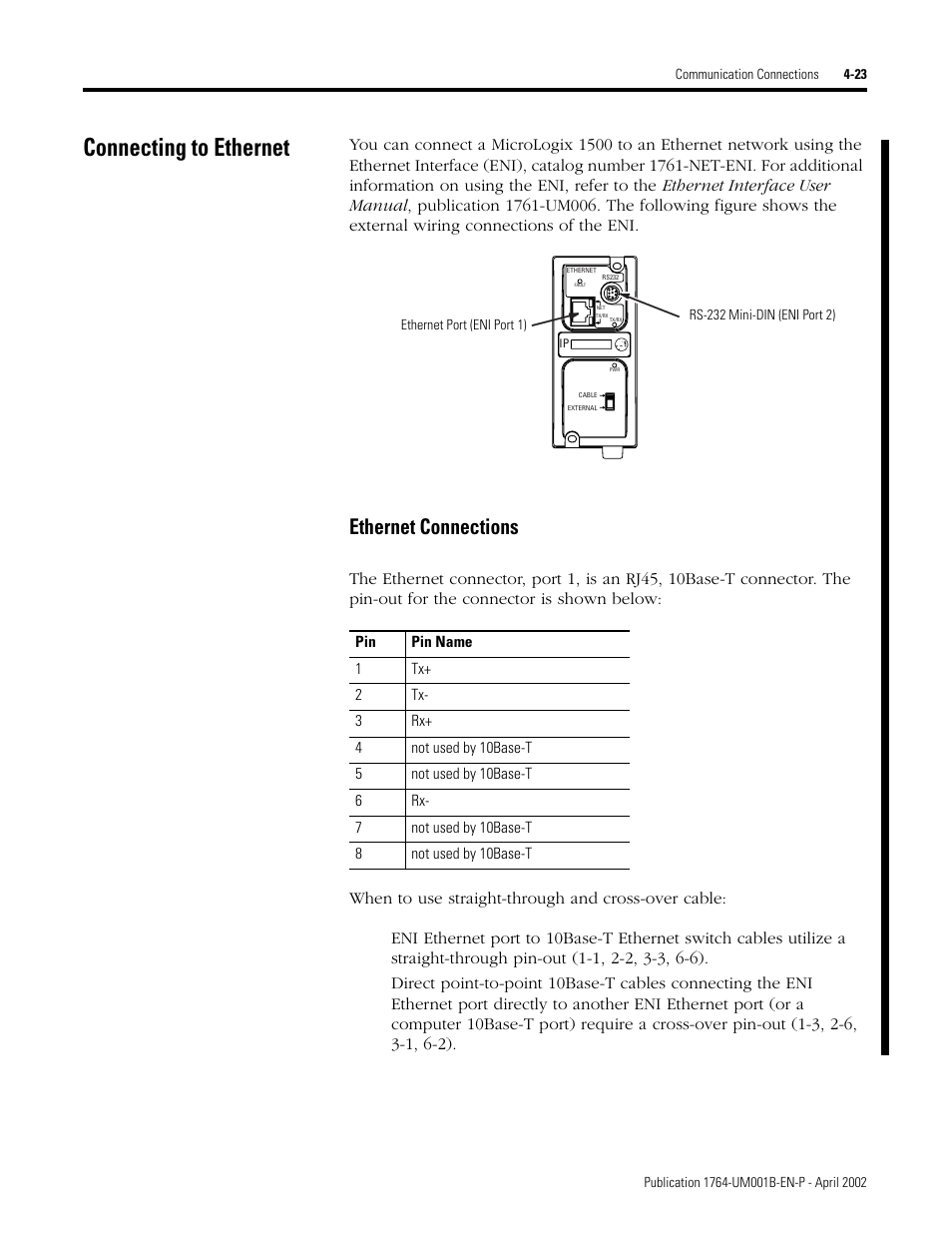 Connecting to ethernet, Connecting to ethernet -23, Ethernet connections -23 | Ethernet connections | Rockwell Automation 1764-xxxx MICROLOGIX 1500 PROGRAMMABLE CONTROLLERS User Manual | Page 91 / 174