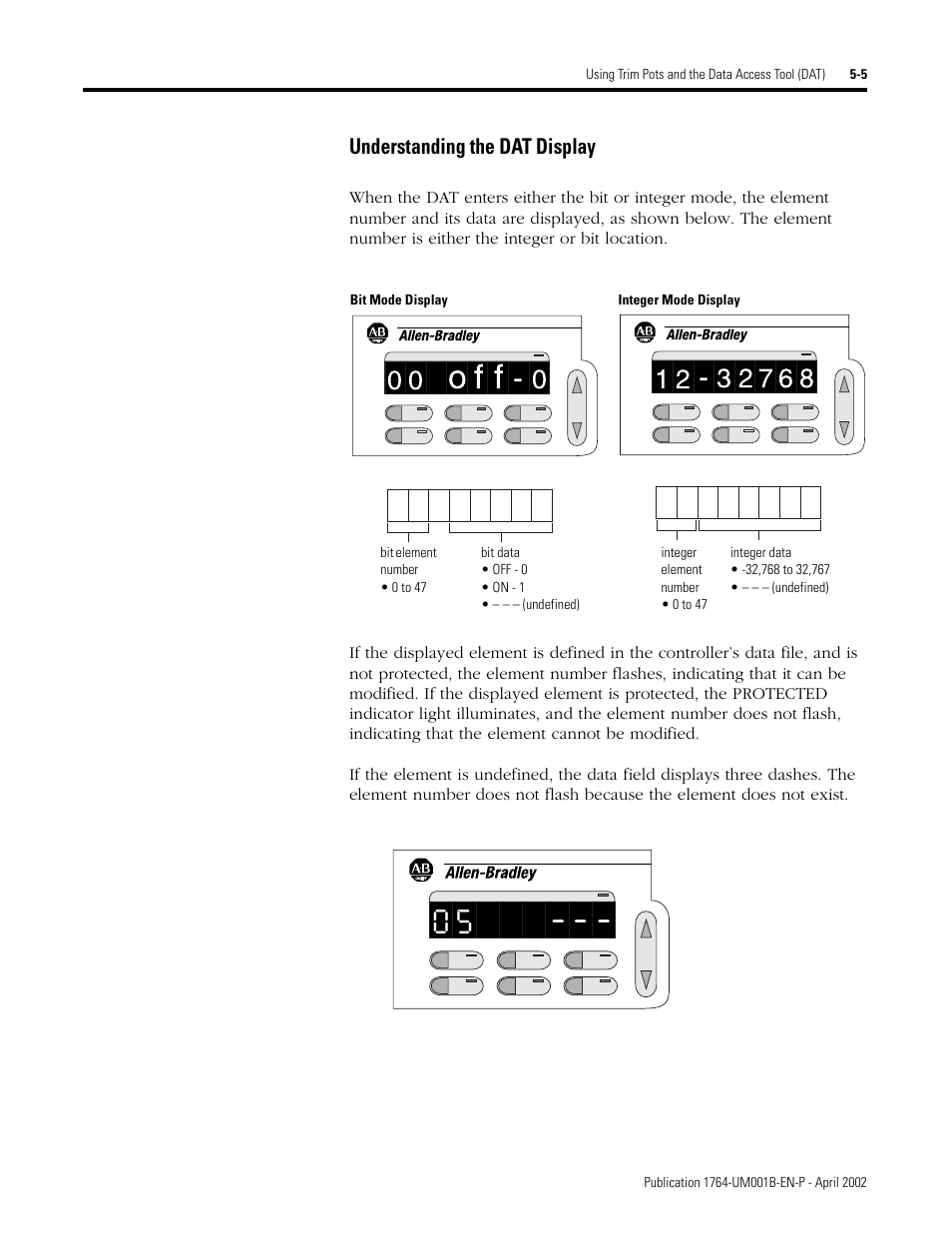 Understanding the dat display -5, O f f, Understanding the dat display | Rockwell Automation 1764-xxxx MICROLOGIX 1500 PROGRAMMABLE CONTROLLERS User Manual | Page 97 / 174