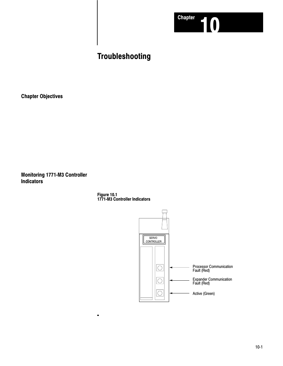 10 - troubleshooting, Chapter objectives, Monitoring 1771 m3 controller indicators | 10ć1, Troubleshooting | Rockwell Automation 1771-QC , D17716.5.25 SER/B SERVO POS User Manual | Page 213 / 247