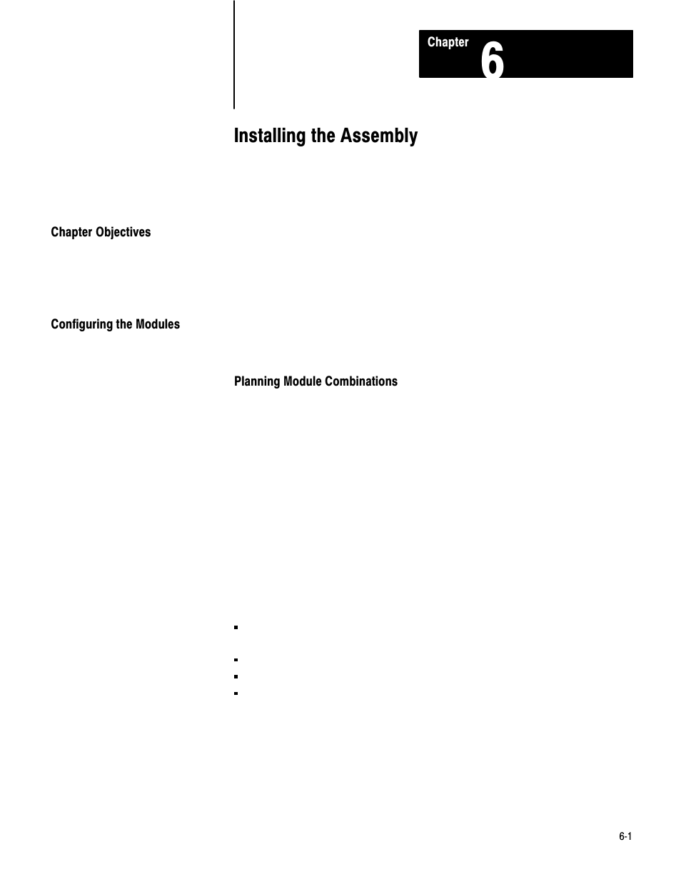 6 - installing the assembly, Chapter objectives, Configuring the modules | Installing the assembly | Rockwell Automation 1771-QC , D17716.5.25 SER/B SERVO POS User Manual | Page 51 / 247