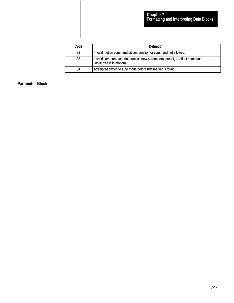 Parameter block, 7ć17 | Rockwell Automation 1771-QC , D17716.5.25 SER/B SERVO POS User Manual | Page 99 / 247