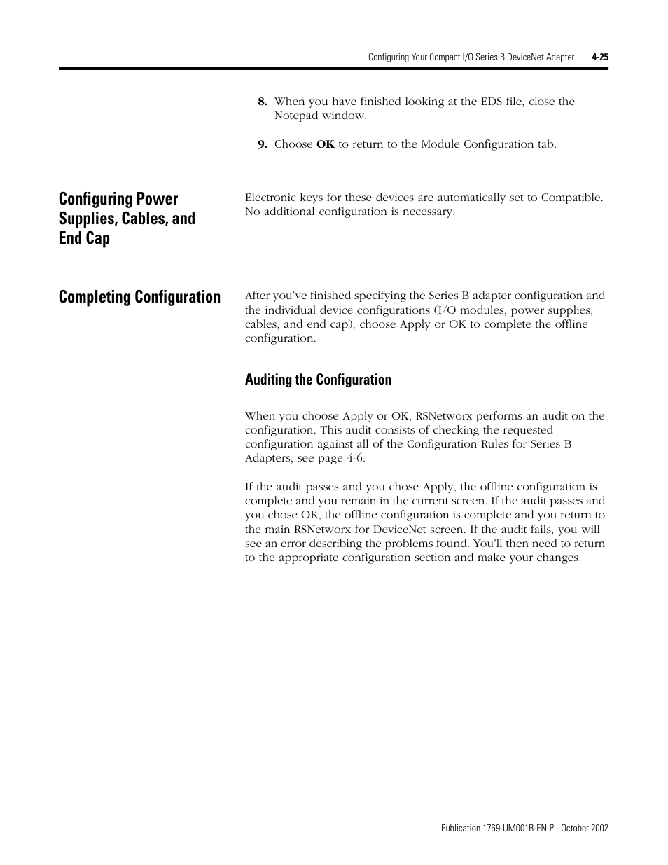 Configuring power supplies, cables, and end cap, Completing configuration | Rockwell Automation 1769-ADN Compact I/O 1769-ADN DeviceNet Adapter User Manual | Page 101 / 204