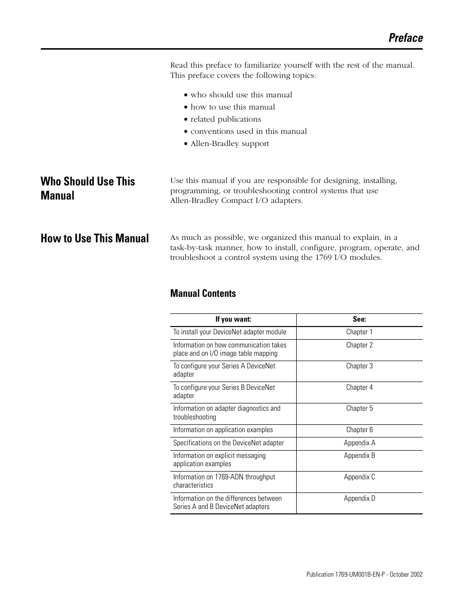 Preface, Who should use this manual, How to use this manual | Manual contents | Rockwell Automation 1769-ADN Compact I/O 1769-ADN DeviceNet Adapter User Manual | Page 11 / 204