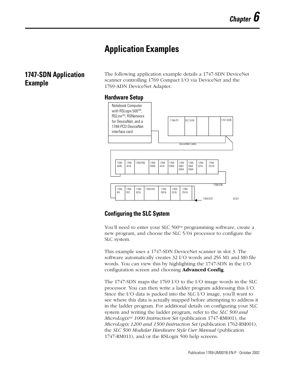 Application examples, Chapter, 1747-sdn application example | Hardware setup configuring the slc system, You’ll need to enter your slc 500 | Rockwell Automation 1769-ADN Compact I/O 1769-ADN DeviceNet Adapter User Manual | Page 113 / 204